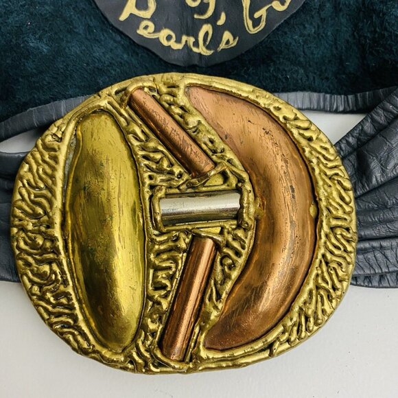 Vtg Mexican Mixed Metal Brass Copper Hand Crafted Belt Buckle Leather Patchwork - Picture 7 of 10